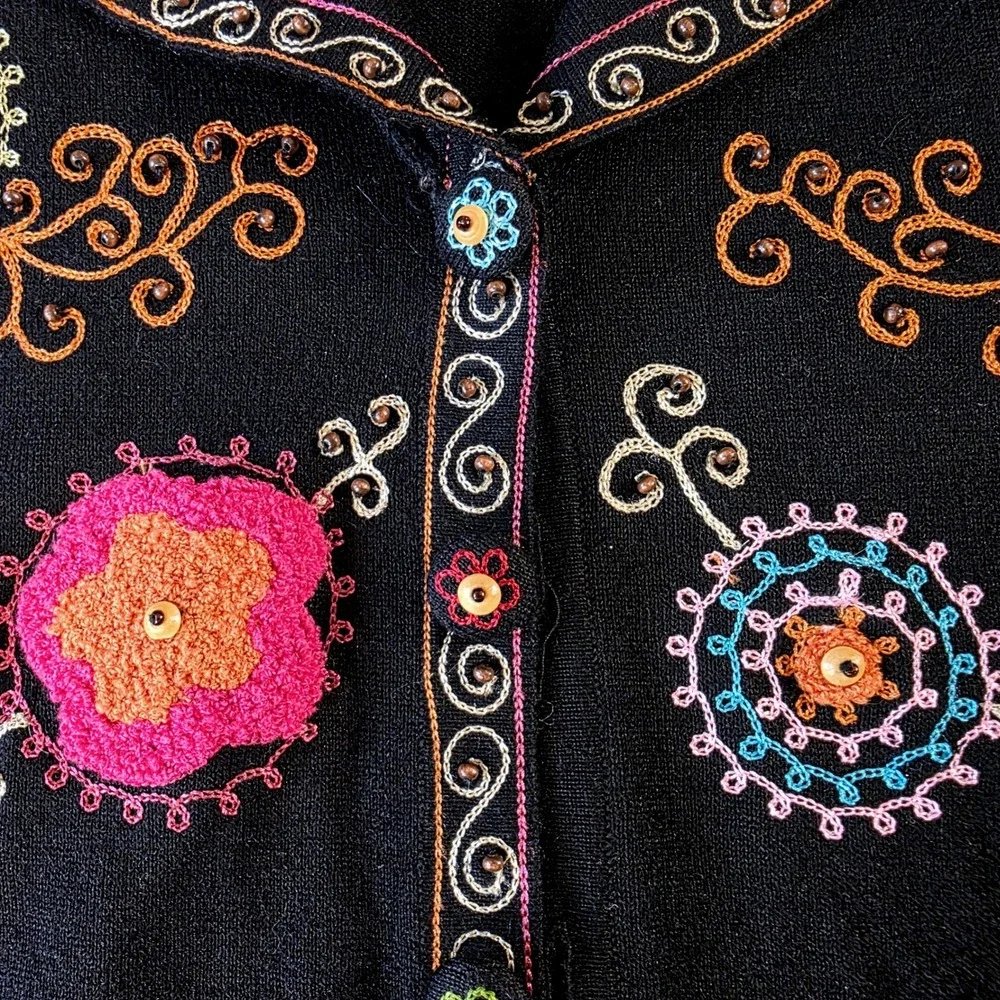 Jack B. Quick Floral Embroidered Knit Cardigan Black Ramie Cotton Sweater M